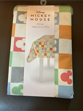 The Big One Multicolor Checker PEVA Tablecloth with Playful Mickey Motifs